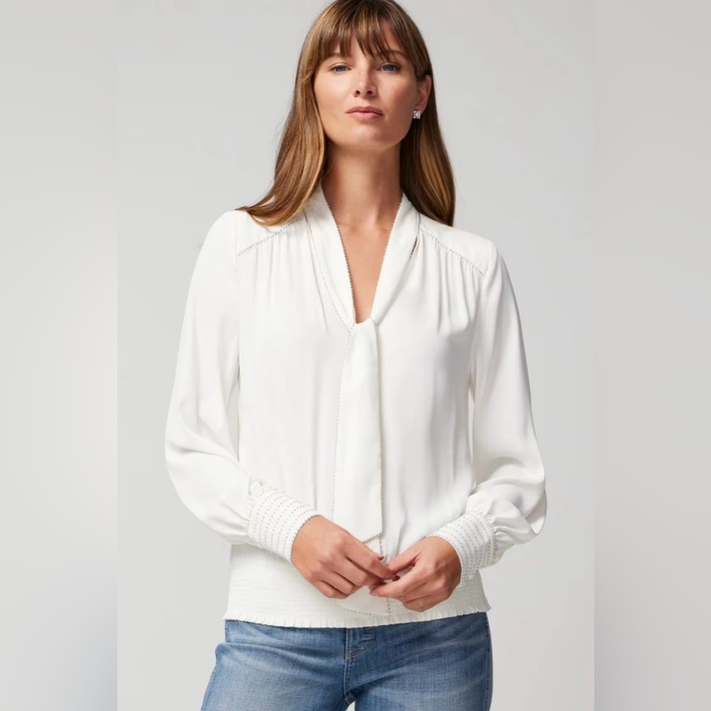 White House Black Market tie neck embellished trim blouse in ecru size medium 🆕 - Picture 4 of 14